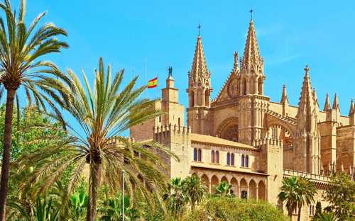 Bus touristique à ciel ouvert à la cathédrale de Palma